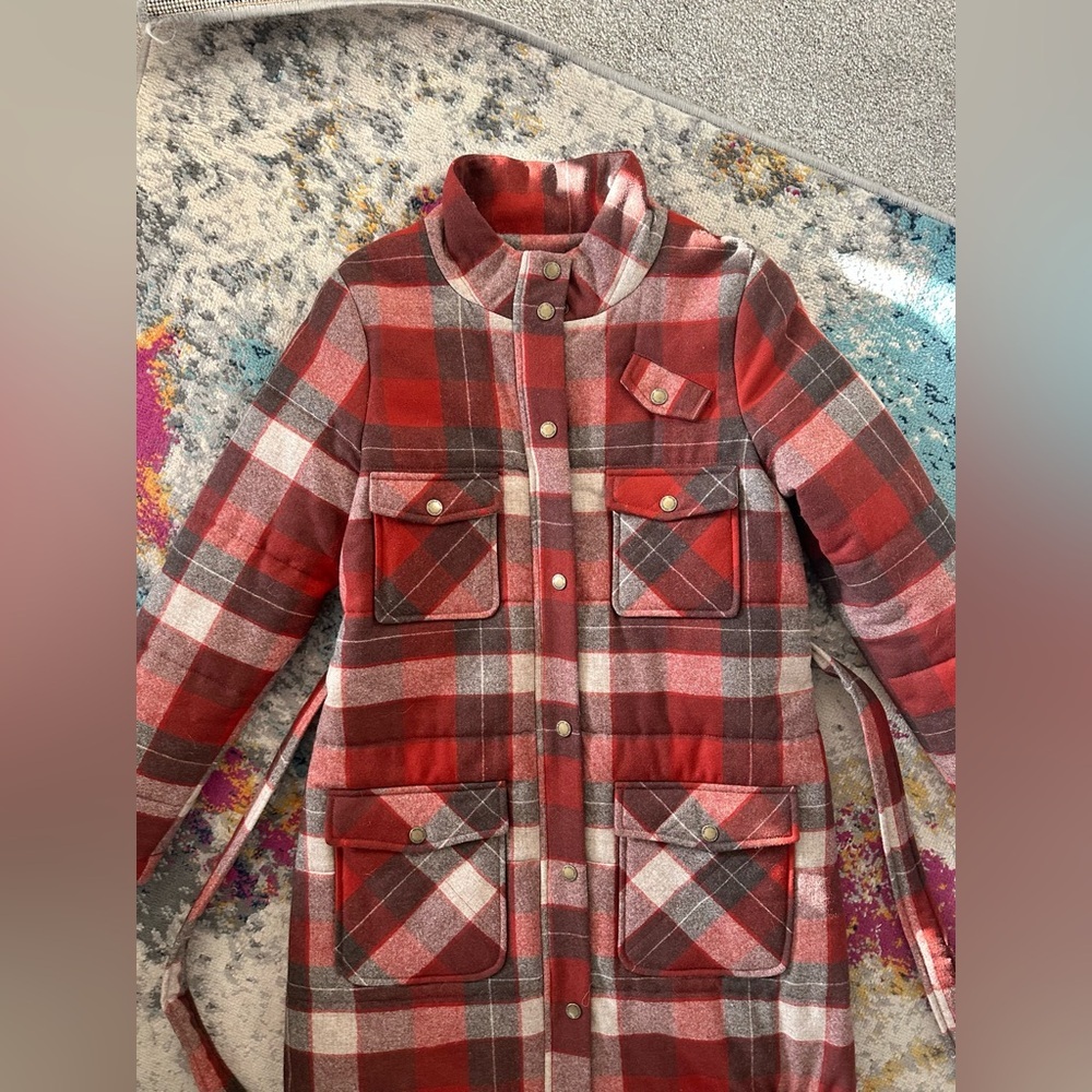 Pendleton Portland Collection 100 Wool Coat Red Brown Cream Plaid Made in USA S - Picture 2 of 7